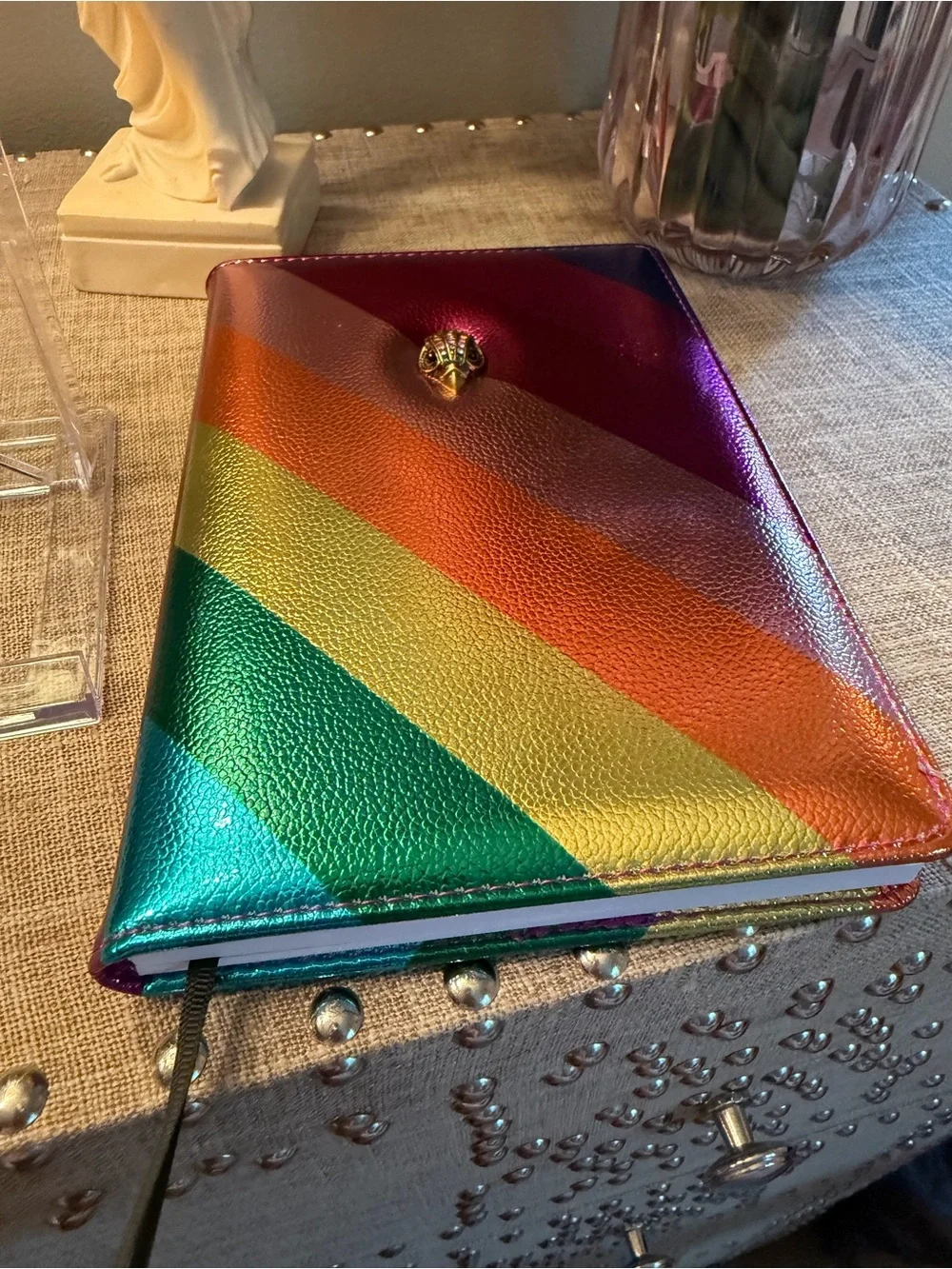 Rainbow Striped Leather Notebook Cover with Gold Crest Accent